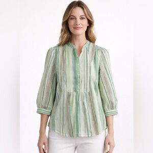 LOFT Striped Bib Front Blouse 4 Green White Mandarin Collar 3/4 Sleeve Peasant